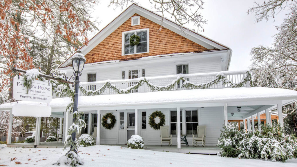 Fairview House dressed with wreaths in fresh snow